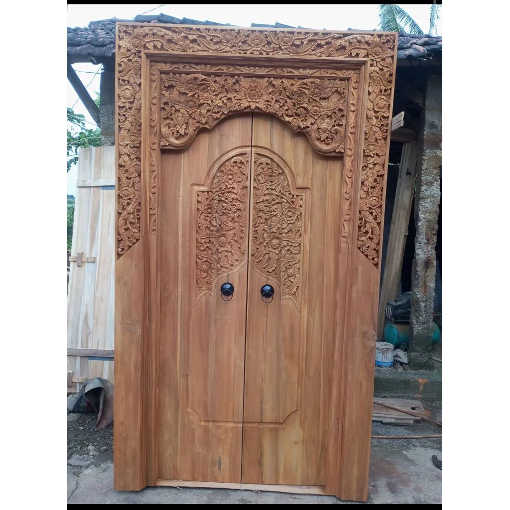PINTU UKIR KUPU TARUNG KAYU JATI 120X220