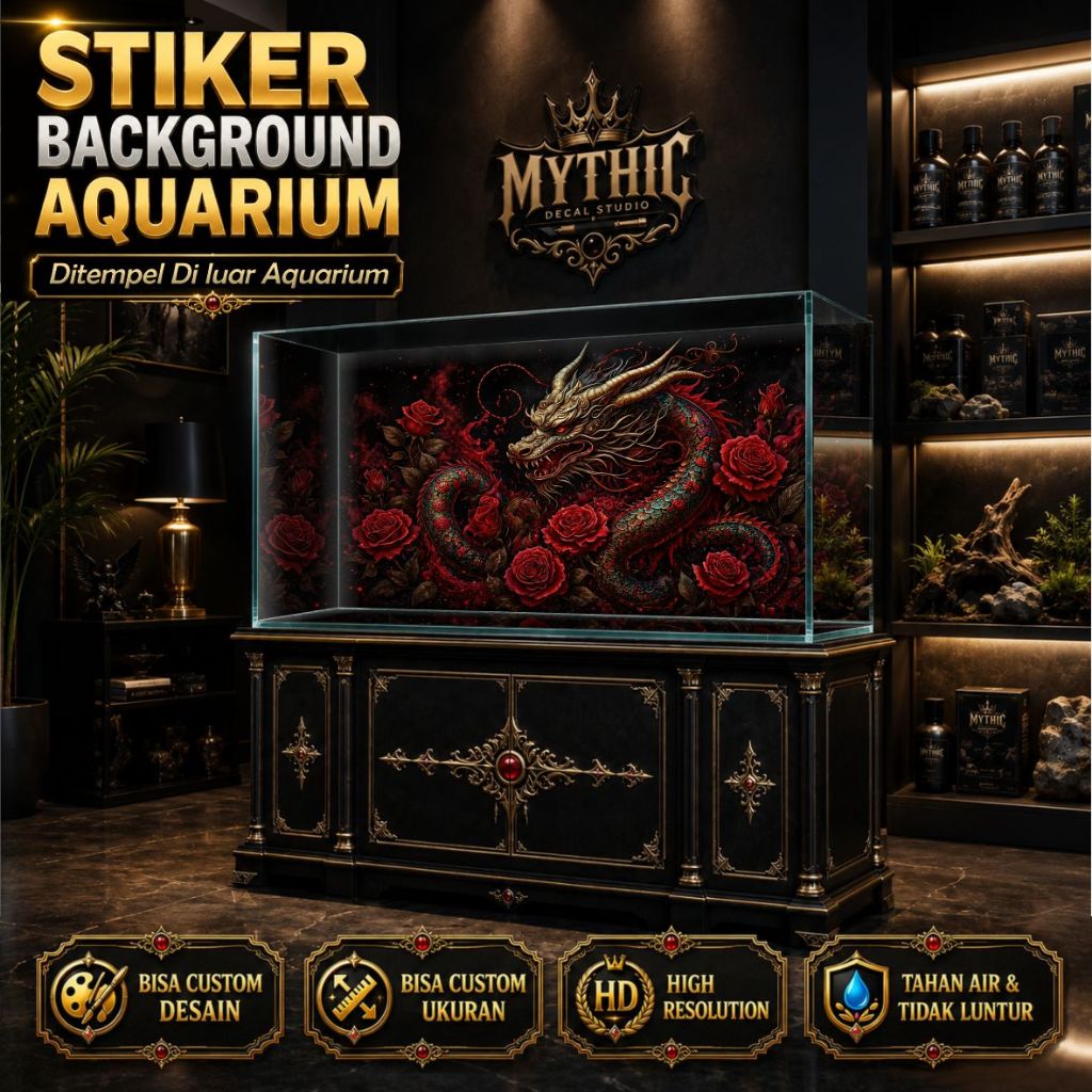Stiker Aquarium Dragon D9 By Mythic Decal Studio - Stiker Background Aquarium Naga Mawar Custom Ukur