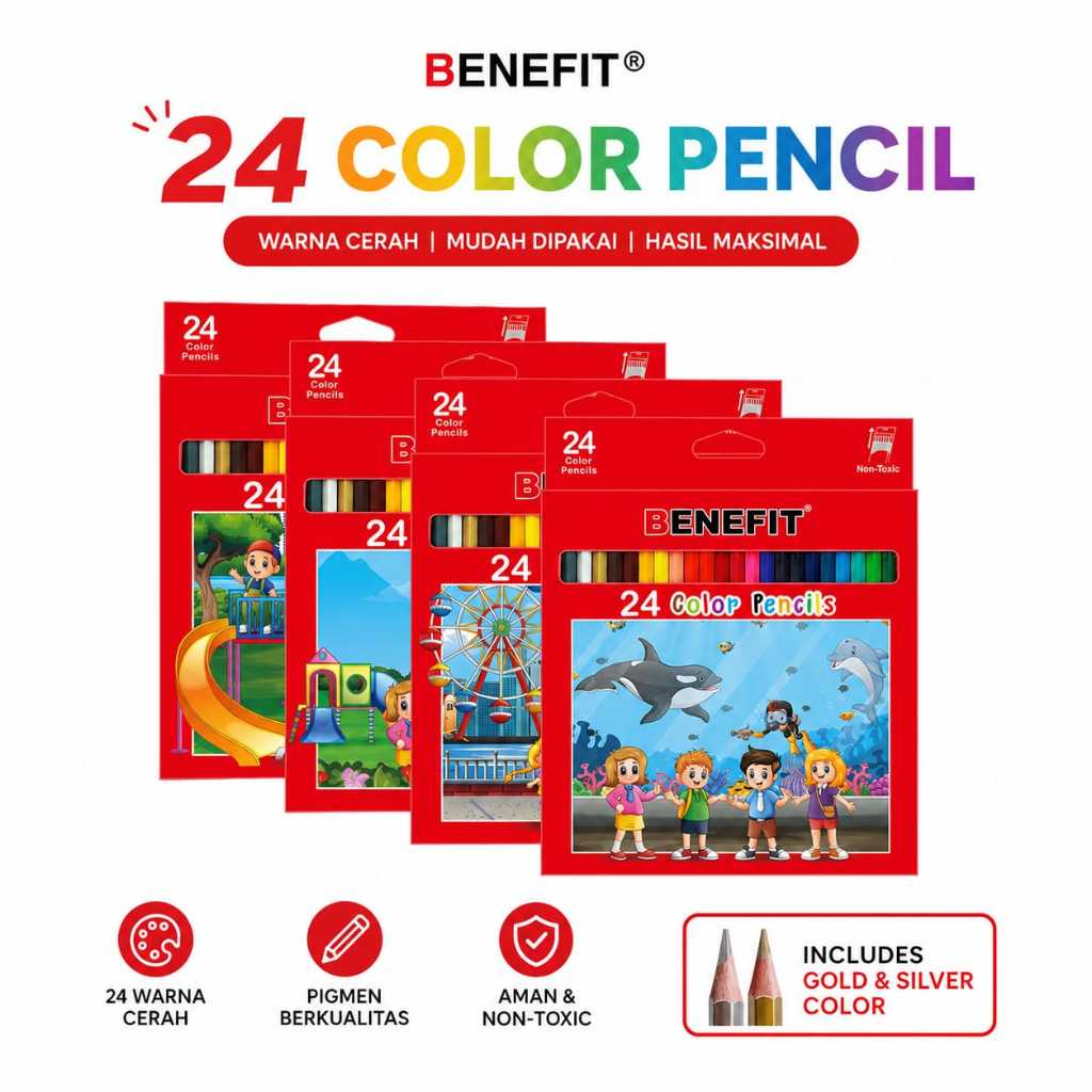 Pensil Warna BENEFIT PW-2410 Panjang, Pigmen Berkualitas Tinggi, Hasil Halus, Isi 24 Warna Include W