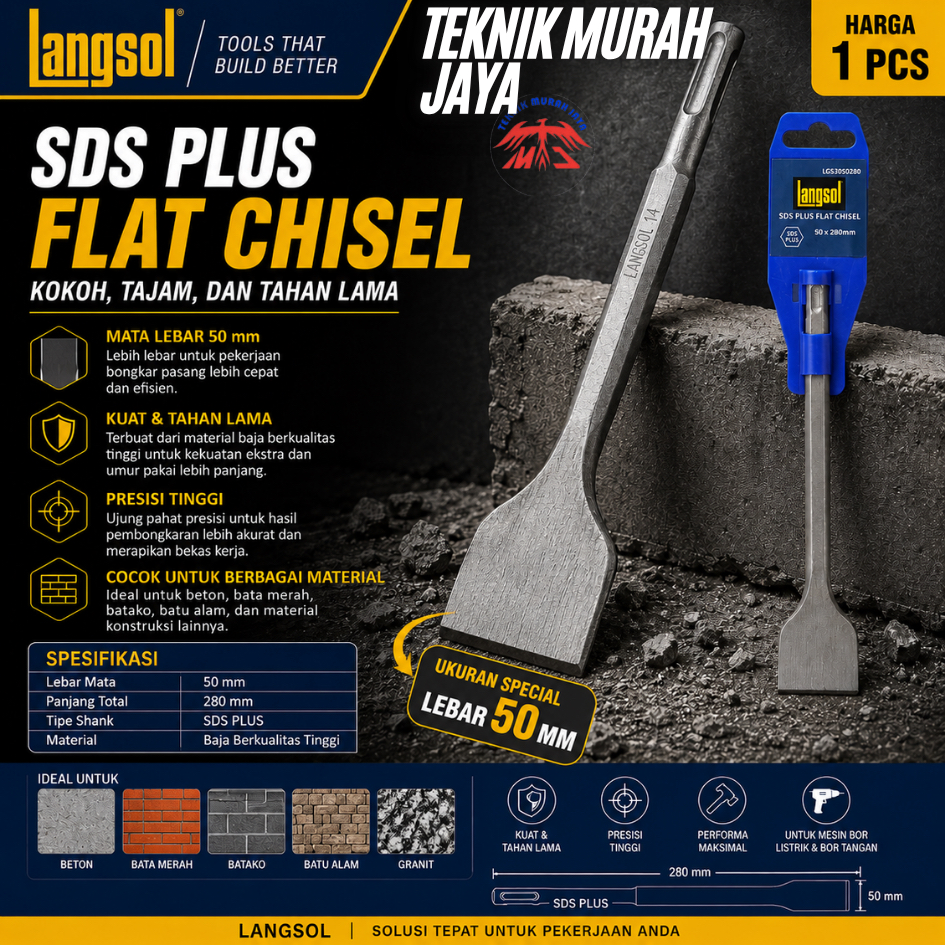LANGSOL SDS PLUS 14 x 280mm X 50MM Mata Bor Bobok Pahat LEBAR 50 MM Tembok Beton Demolition IMPACT R
