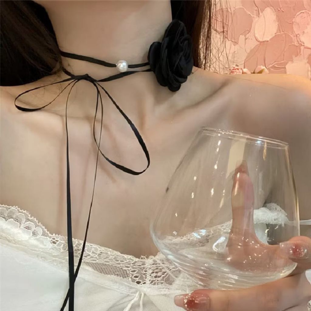 Kalung choker bunga mawar aksen mutiara pearl rose choker neckband kalung choker mawar mutiara kalun