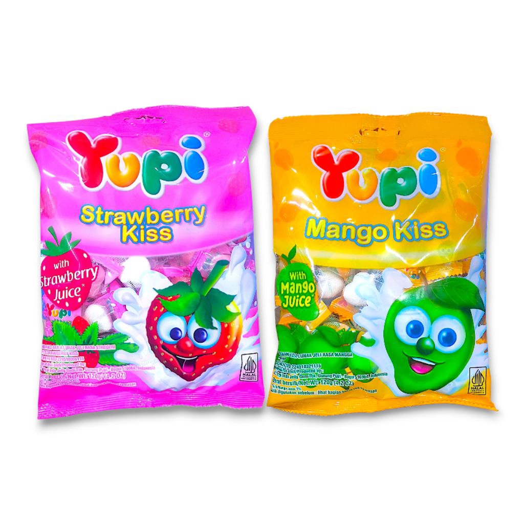 YUPI KISS [1 BUNGKUS Isi 120g] - Permen Gummy Kembang Gula Lunak Rasa Stroberi / Mangga Snack Camila