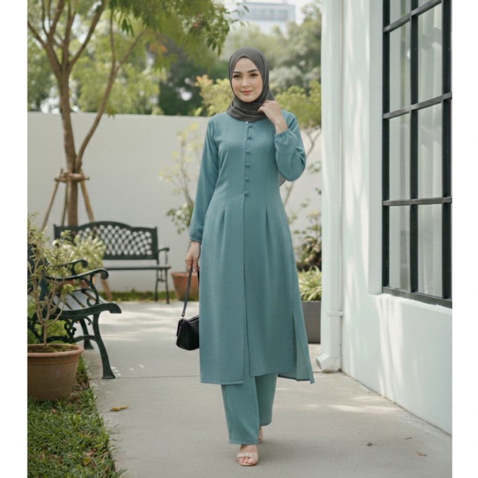 Setelan Tunik Long Set Wanita Muslimah Simpel Elegant look Bahan Crinkle Premium  - Setelan Tunik Ce