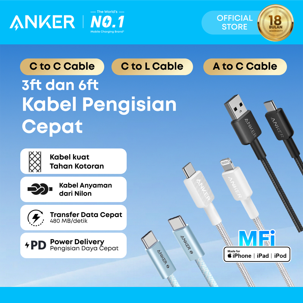 Anker Kabel Data MFi iPhone X 11 12 13 14 15 16 PD USB A Type C to C and Lightning Fast Charging 15W
