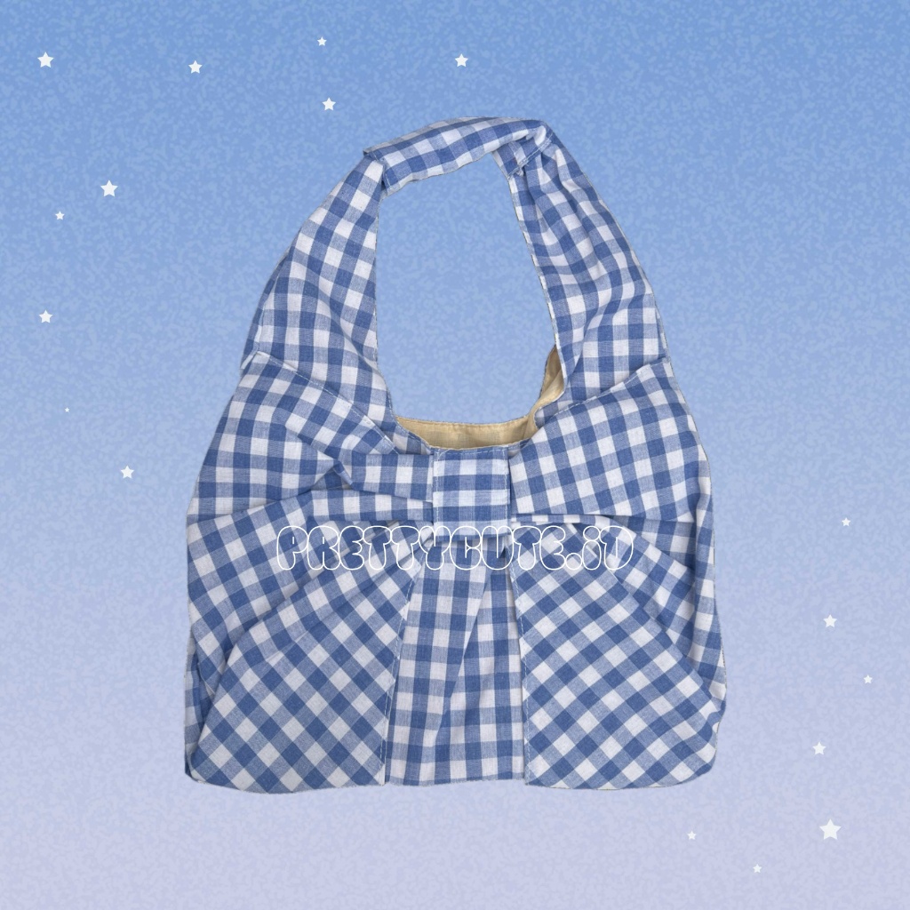 prettycuteid | Tas Bahu Renda Besar Biru Grid Shoulder Bag Ribbon Stylish Girly