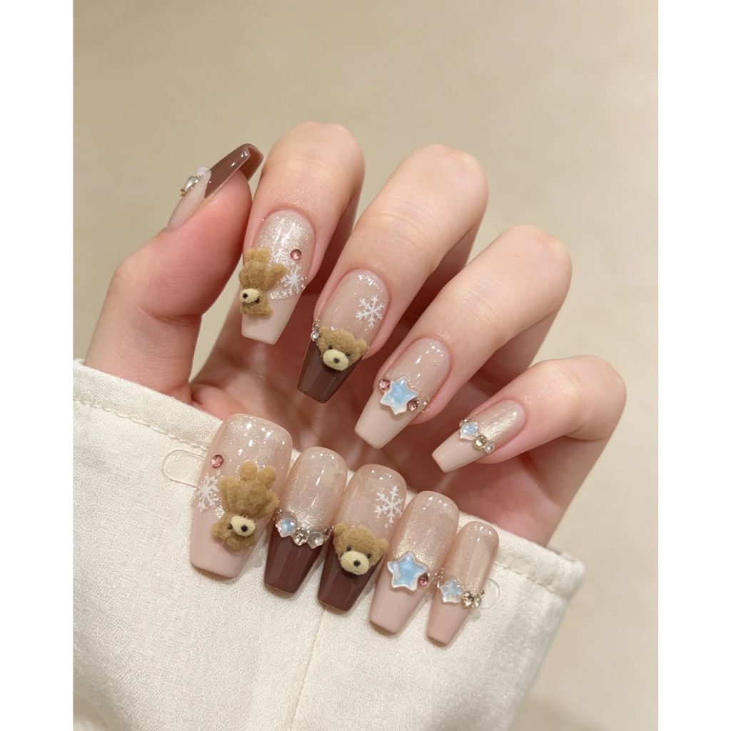 VG 113 Press On Nail Art / Kuku Palsu Tangan Set " Brown Bear Cat Eye"