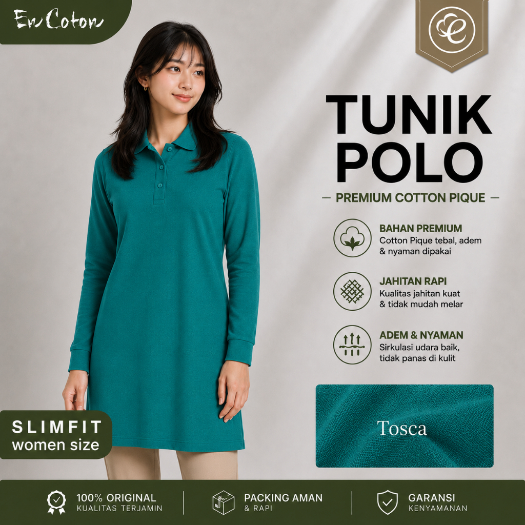 Kaos Kerah Polo TUNIK Wanita Cewek TOSCA TOSKA Premium Tangan Lengan Panjang Slimfit (model TUNIK) E