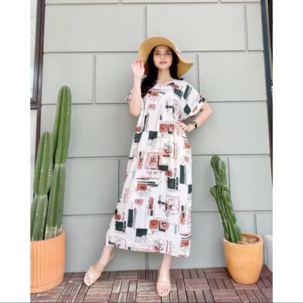 Daster Putih Motif Abstrak Bahan Rayon Adem Panjang