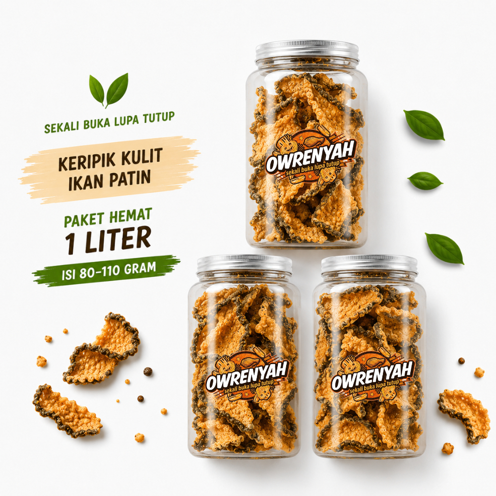 Kerupuk Kulit Ikan Patin owrenyah kemasan Toples 1 Liter Original Pedes Telur Asin cemilan Kriuk kru