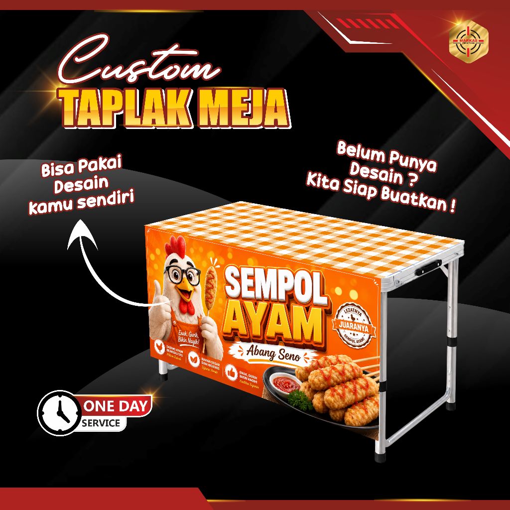Taplak Meja Full Printing Custom untuk Jualan Makanan Ringan