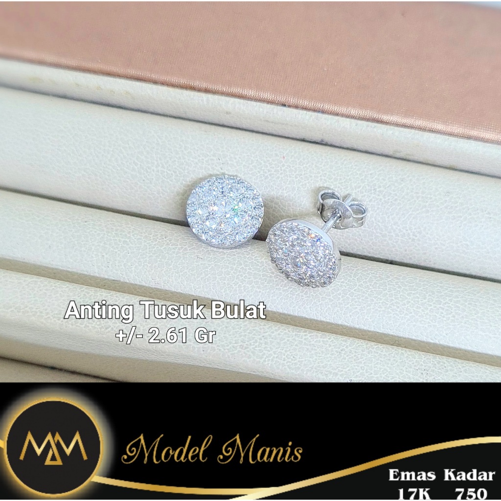 Anting Giwang Diamond looks bulat Plat emas putih 750 kadar 17k