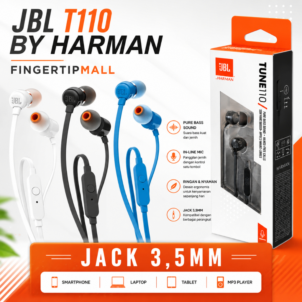 JBL T110 Original Earphone Bass Mantap Jack 3.5mm + Mic Suara Jernih Nyaman Dipakai