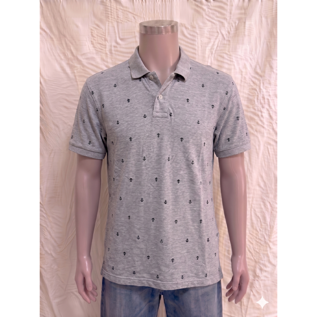 [PRELOVED] VEVS - Nautical Anchor Print Polo Shirt - Kaos Polo Pria Motif Jangkar - Warna Abu Terang