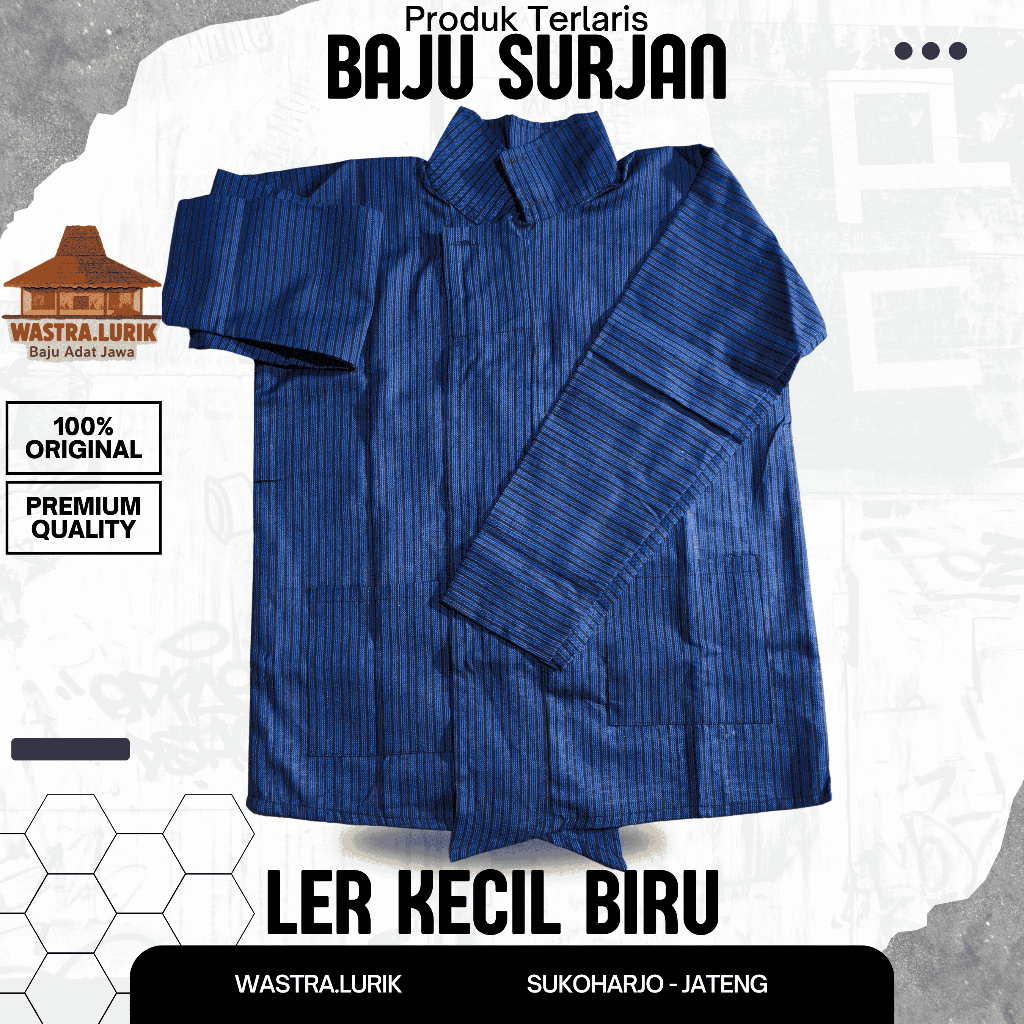 Baju Surjan Anak-Dewasa Ler Kecil Biru Bahan Premium Adat Jawa Baju Lurik