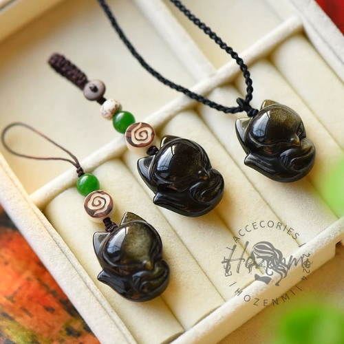 HKC074 Gantungan Tali Kepang Kalung PREMIUM Liontin Rubah Obsidian Hitam Emas Unik Lucu Limited