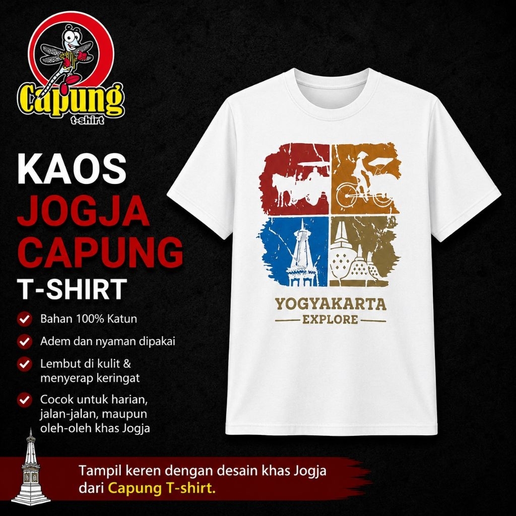 KAOS JOGJA MALIOBORO SABLON ASLI MEREK CAPUNG T-SHIRT KAOS JOGJA SABLON MOTIF JOGJA 4 KOTAK WARNA PU