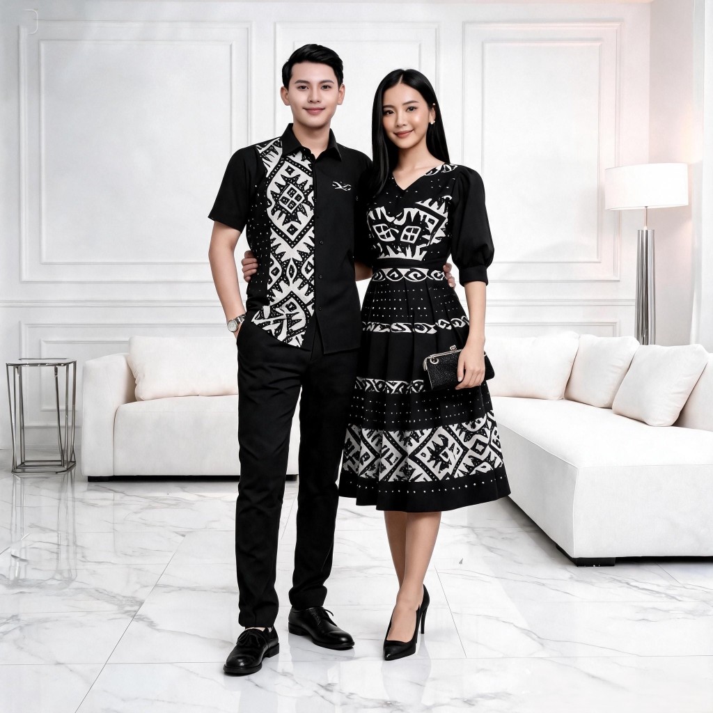Set Couple Tenun Dres Wiru Rempel Modern | Dress Wanita Pesta Natal Elegan | Kemeja Pria Hitam Lenga
