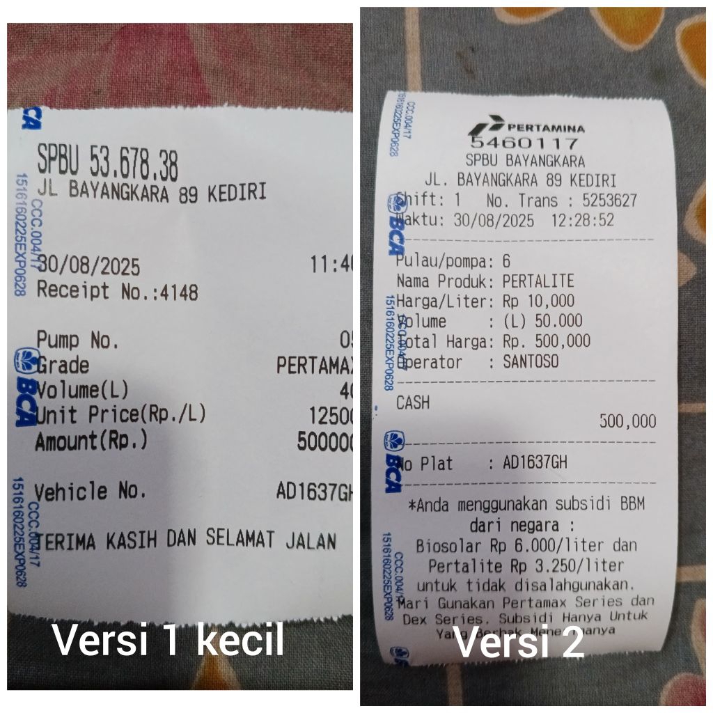 cetak custom nota pom SPBU sesuai pesanan