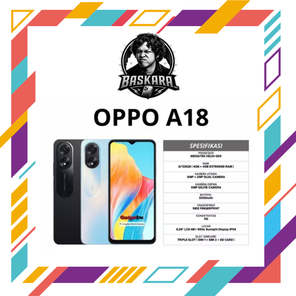 OPPO A18 RAM 4GB Extended ROM 128GB Layar 6.56" HD+ 90Hz Baterai 5000mAh Warna Glowing Blue & Glowin