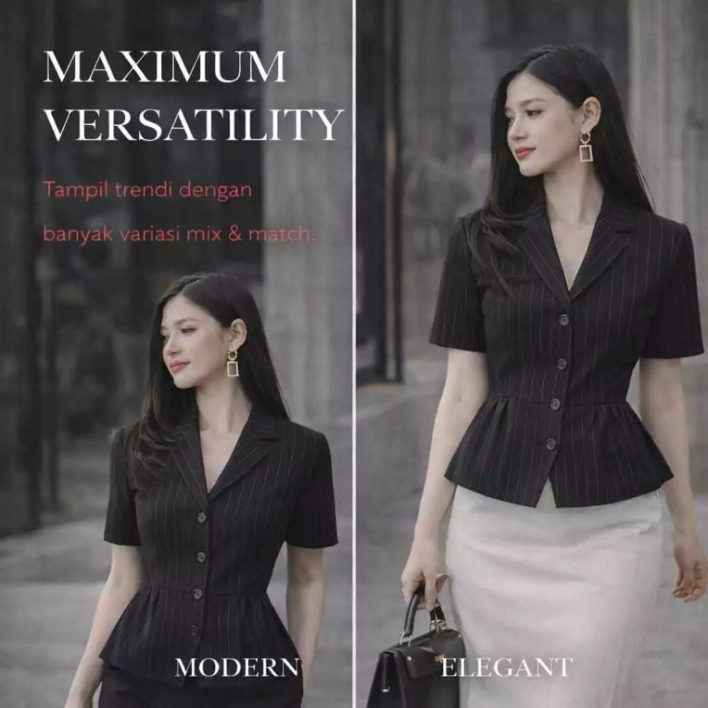 Kemeja Wanita BLAZER SHIRT- Model V Neck Lengan Pendek, Fitted, Semiwool Stripe