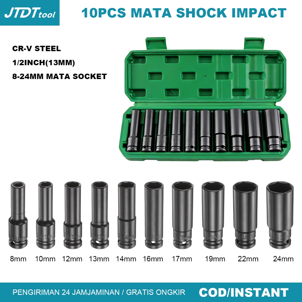 Mata Socket 1/2‘’ 8-24mm 10Pcs Impact Kunci Socket/Kunci shock Impact socket set/Impact sock impact 