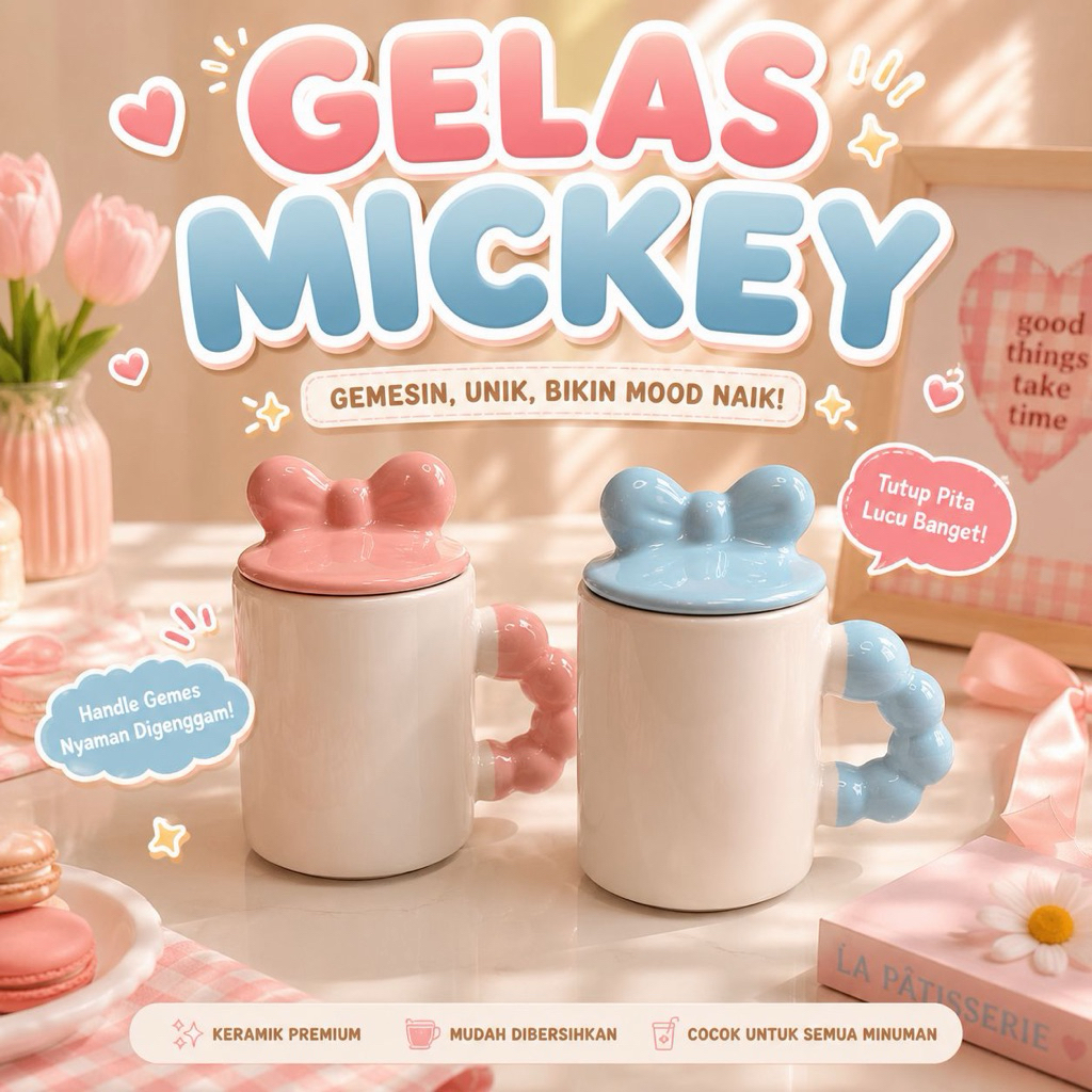 (GELAS KERAMIK TUTUP MICKEY) GELAS KERAMIK CUTE TUTUP MICKEY