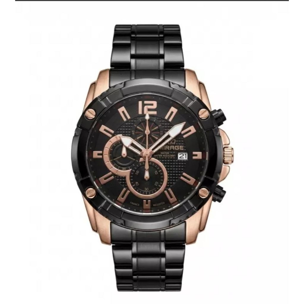Jam Tangan Mirage 8714 Rantai Hitam Ring Rosegold Cowok