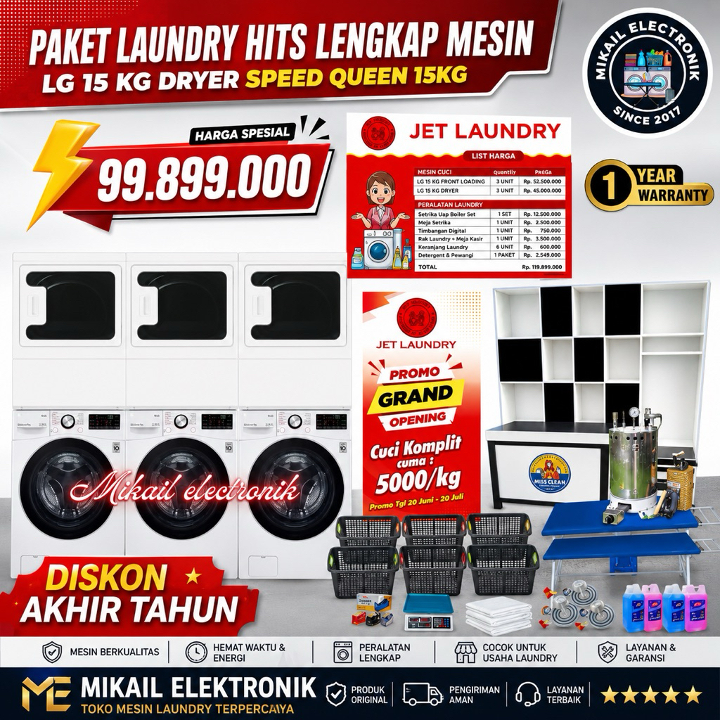 PAKET USAHA LAUNDRY KILOAN MESIN CUCI FRONT LOADING LG 15 KG DRYER SPEEDQUEEN 15KG