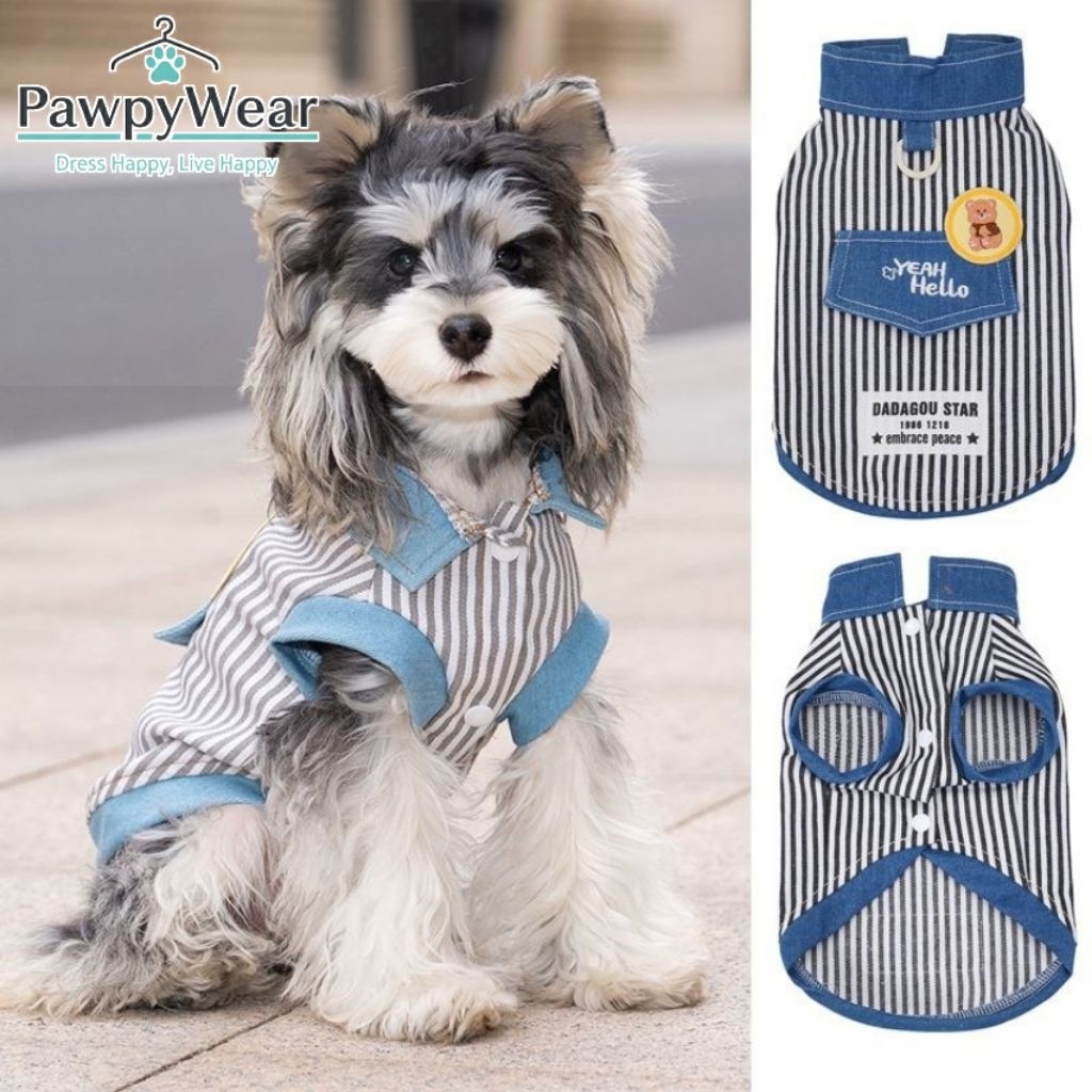 PawpyWear - Hello Denim Stripe Shirt Dadagou Swagger | Baju Anjing Kucing Harness Top Jeans Premium 