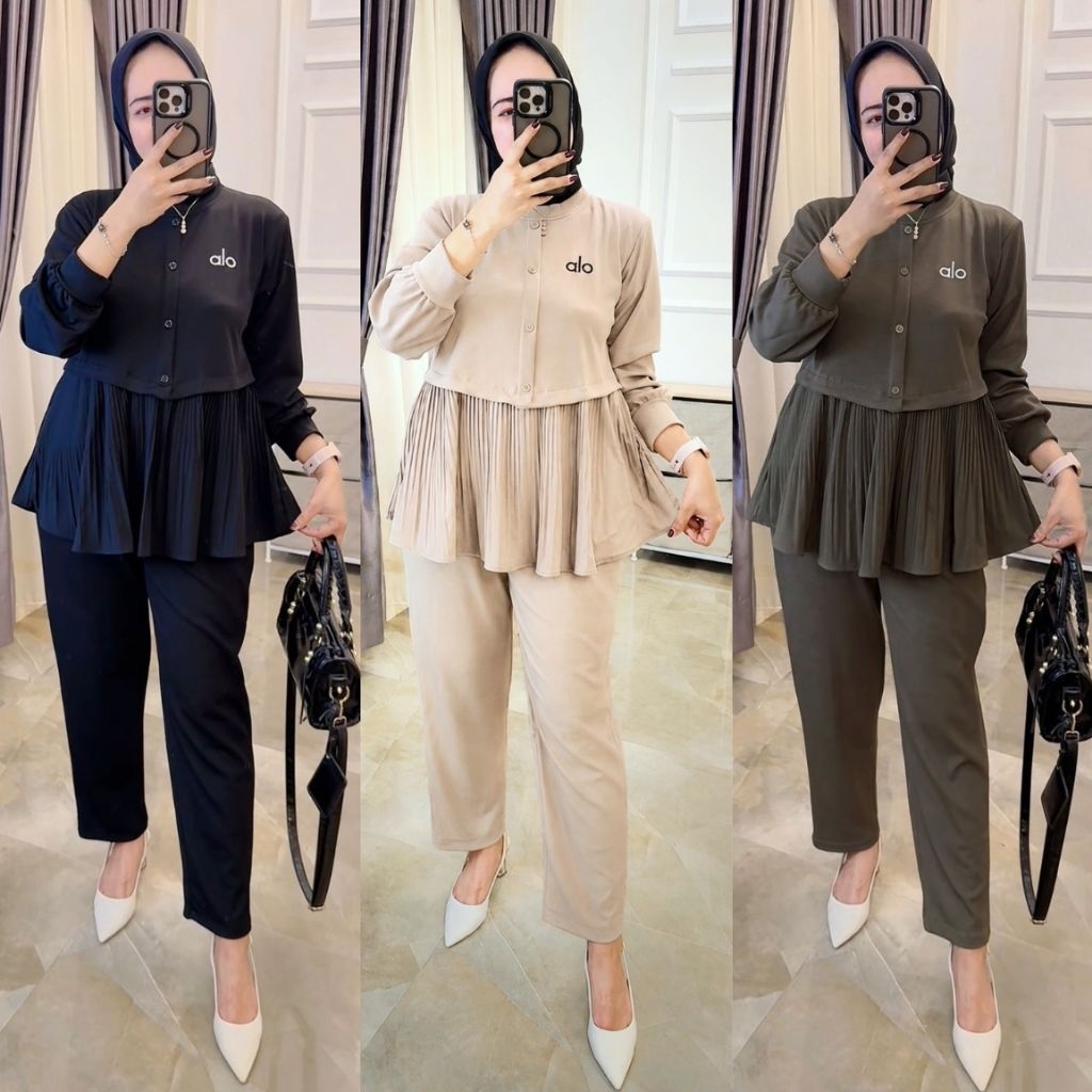 Moree Set Setelan Celana Knit Premium Kombinasi Plisket