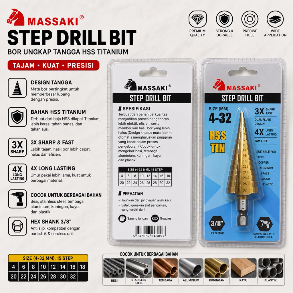 Massaki Step Drill Bit 4-32MM HSS Titanium Bor Tangga Besi Stainless Hex 3/8