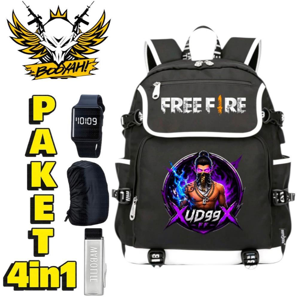 Tas Anak SD SMP Free Fire UD99 DTF Kanvas Tebal Paket 4in1 - Ransel Sekolah Cowok Free 3 item
