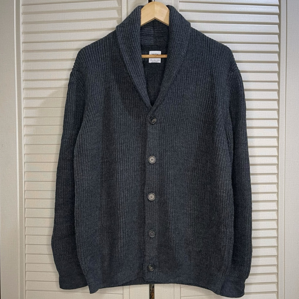 Zara Man - Shawl Collar Ribbed Textured Cardigan - Charcoal - Size L