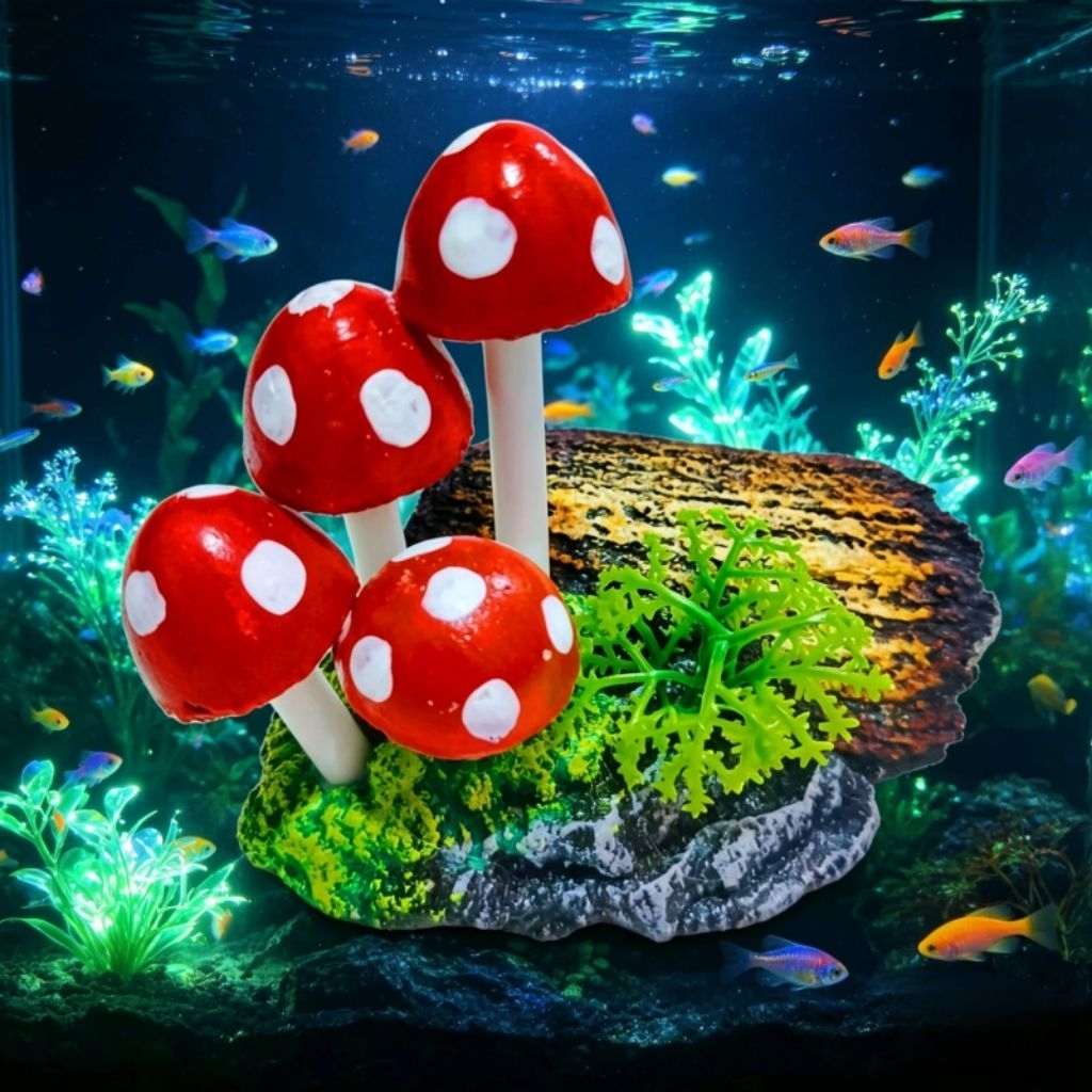 Hiasan aquarium jamur merah untuk hiasan aquarium