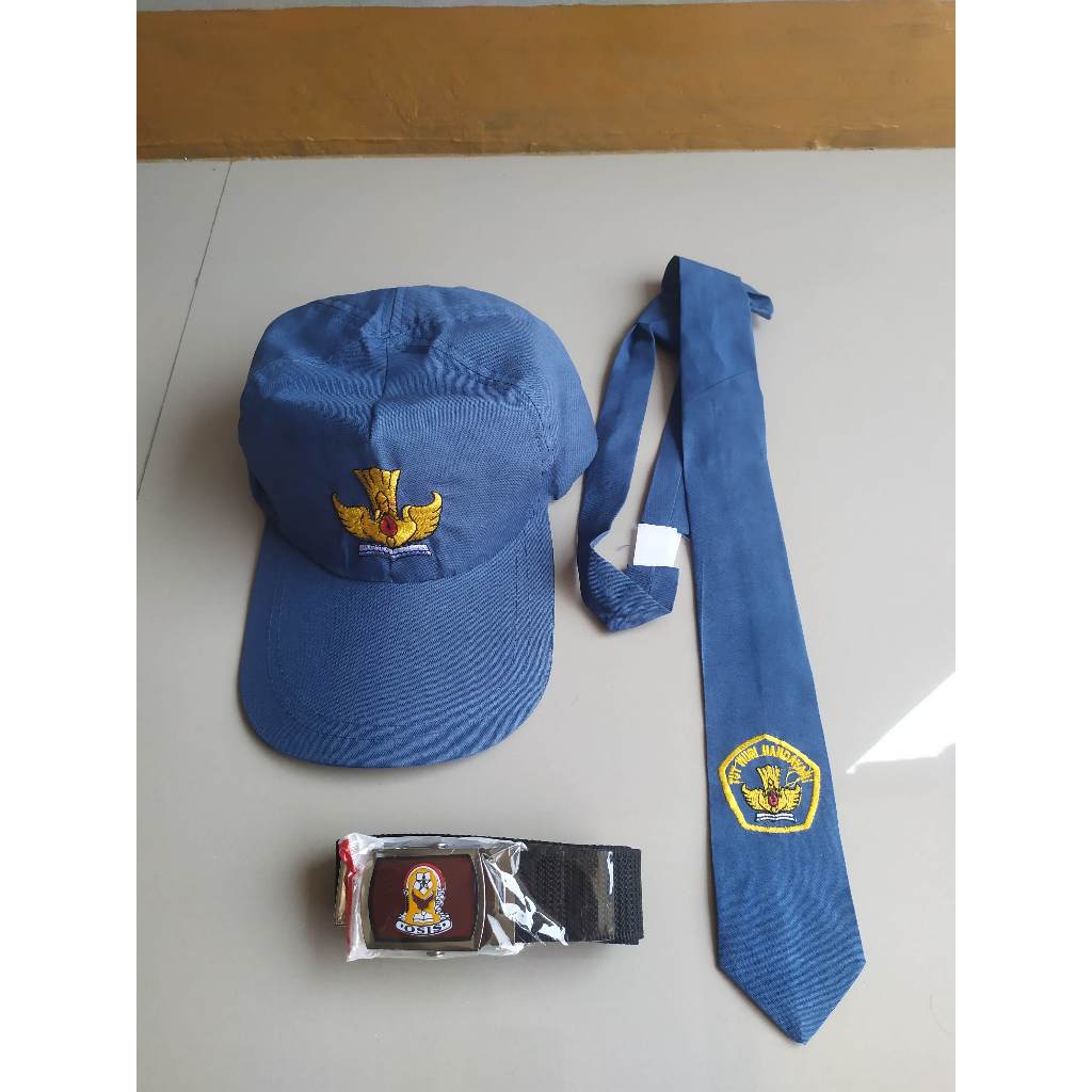 TOPI Paket Topi Karet Dasi Ikat Pinggang Kain Biru Putih SMP Cowok Cewek Seragam