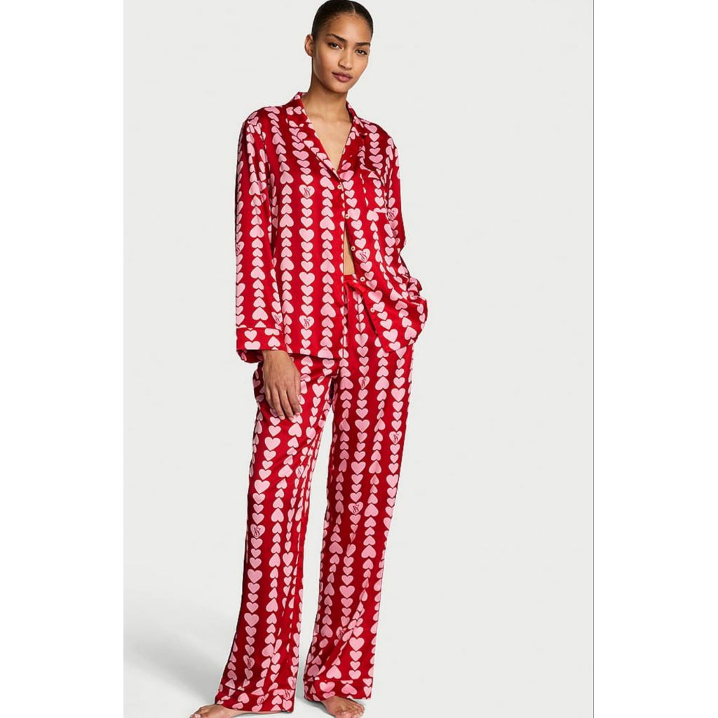 VICTORIA'S SECRET RED AND PINK HEARTS GLAZED SATIN PYJAMAS PIYAMA SLEEP WEAR LONG SET/BAJU TIDUR SET