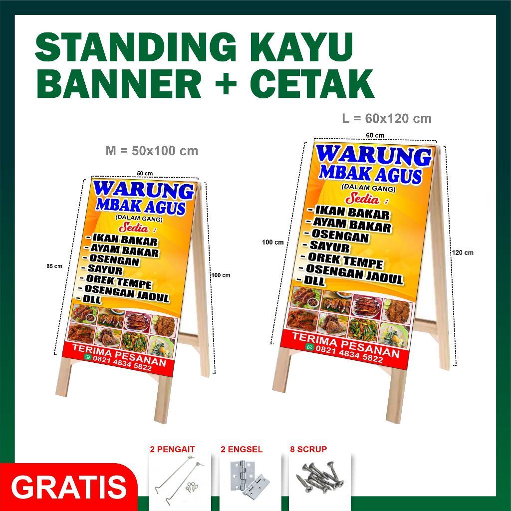 Rangka Standing Banner Kayu Lipat 2 sisi - Rangka + Banner Standing Kayu