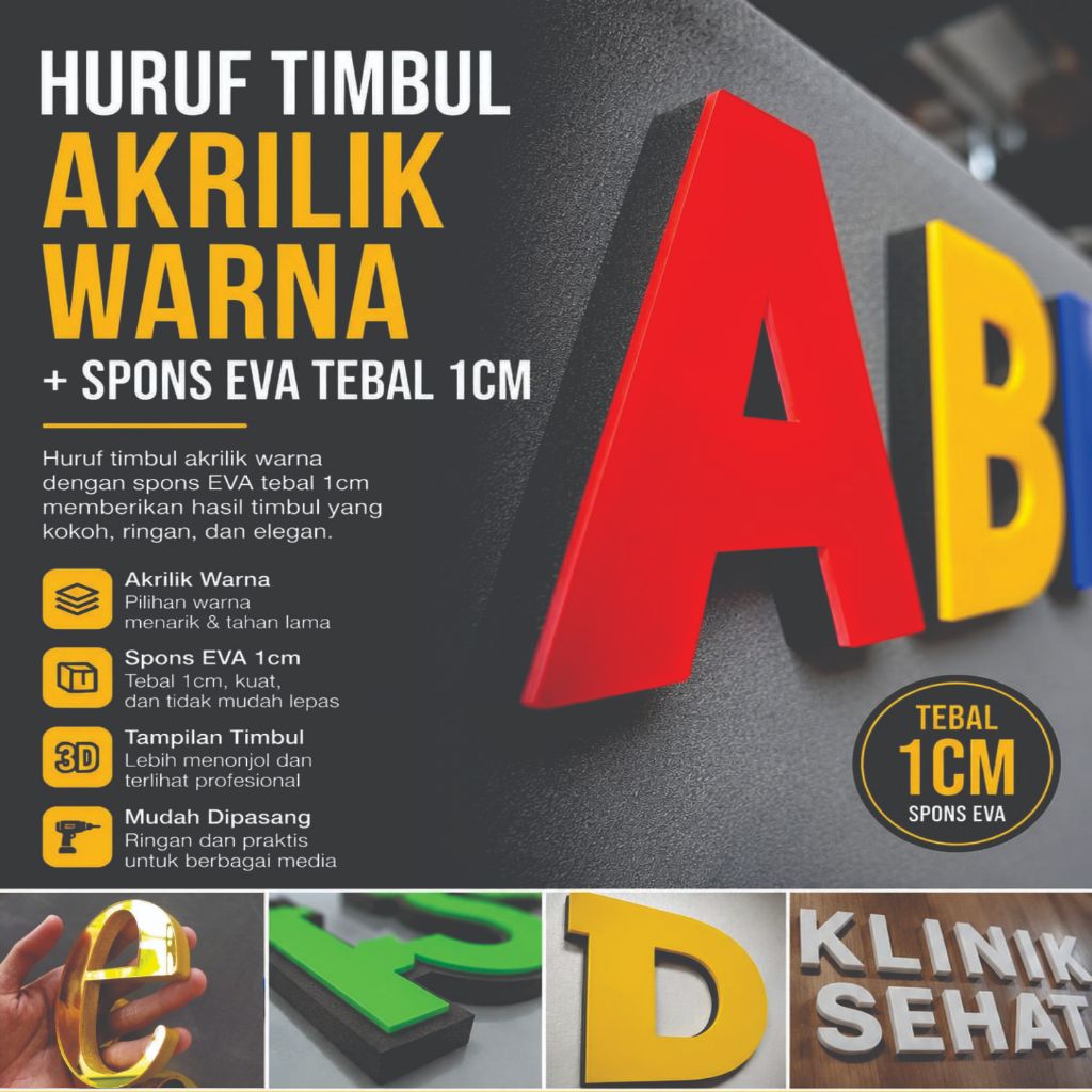 Huruf Timbul Akrilik + Spons Eva 1cm | Laser Huruf TImbul