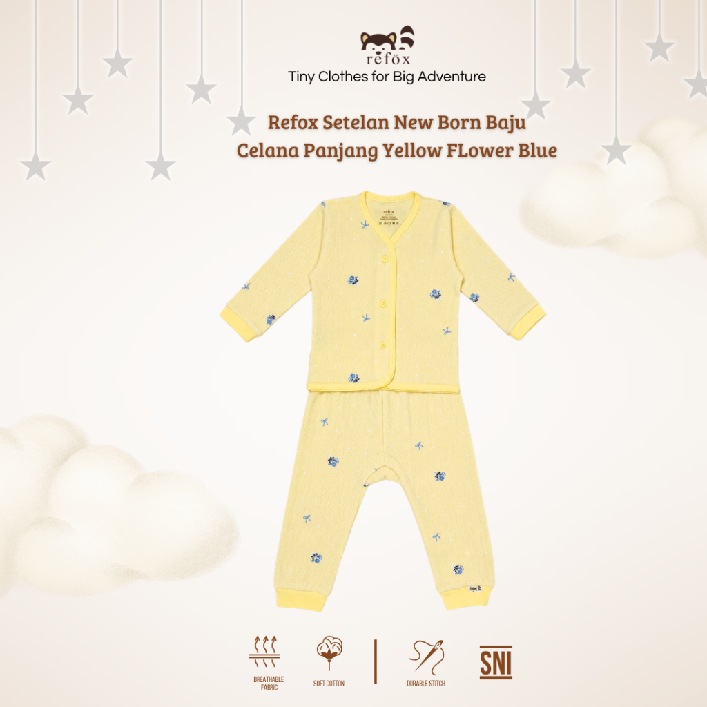 Refox- Setelan Bayi Newborn Baju Celana Panjang Yellow FLower Blue