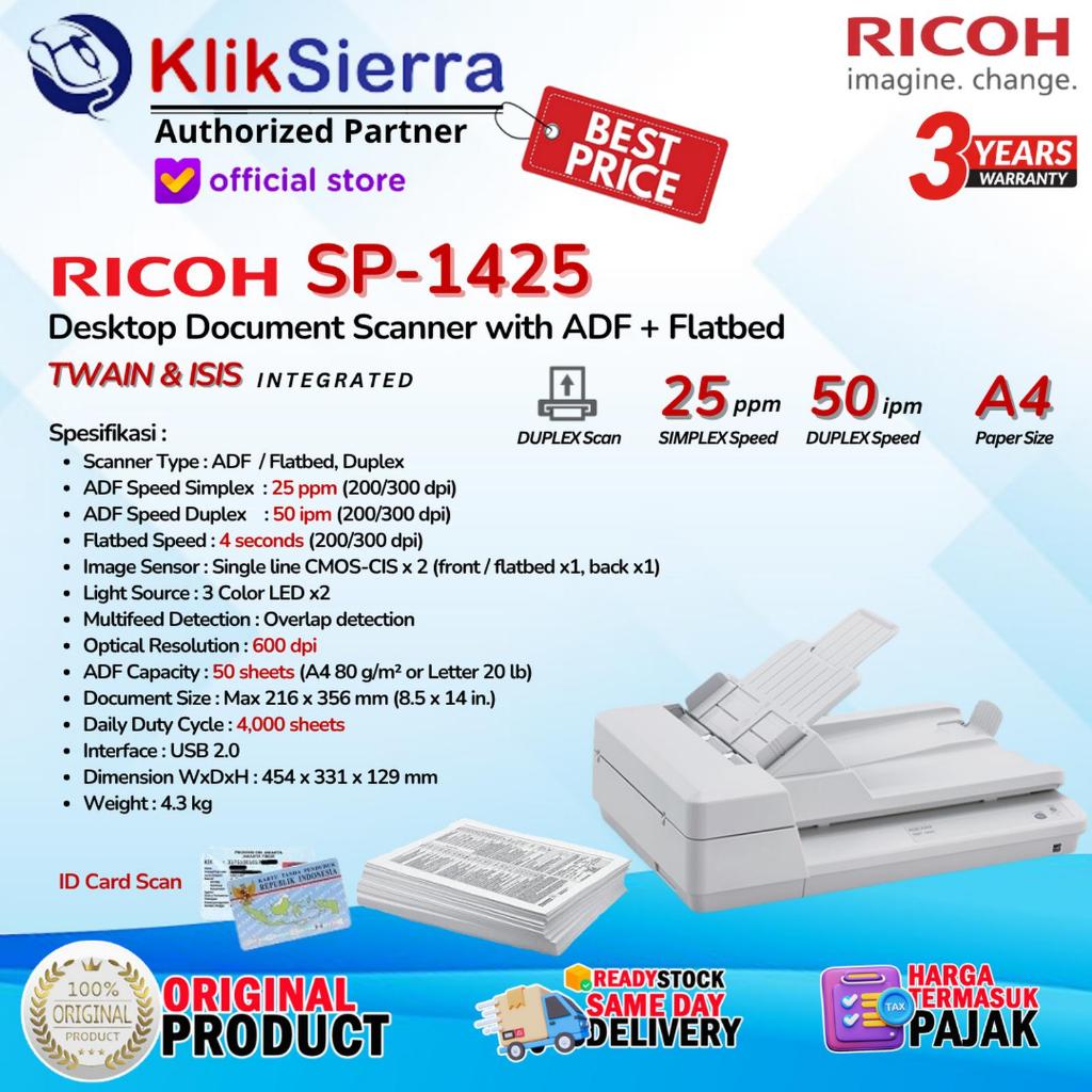 Scanner RICOH SP-1425 | SP1425 - ScanPartner ADF, F4 Flatbed Document Scanner