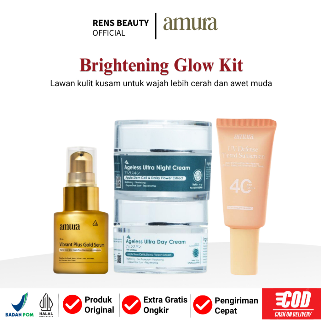 Amura Glowing Skincare Set – Gold Serum, Day Night Cream & Tinted Sunscreen | Anti Aging & Brighteni