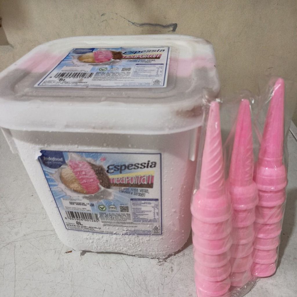 ice cream espessia neopolitan 8 liter + BONUS cone isi 20 pcs /ice cream indoeskrim bulk putih neopo