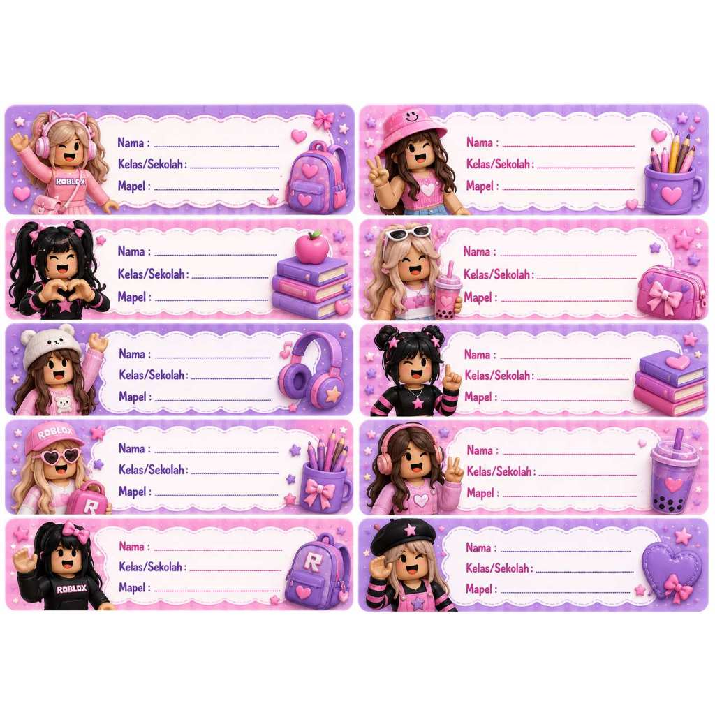 Stiker Label Buku Roblox Girl Waterproof Isi 30 pcs | Nama Buku Sekolah Anak Cewek Tema Roblox Anti 