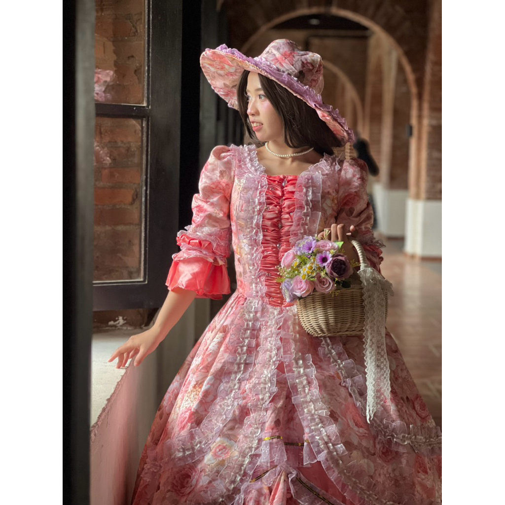 Gaun Princess Vintage Pink Wanita Dewasa Dress Royal Eropa Elegant untuk Photoshoot & Pesta