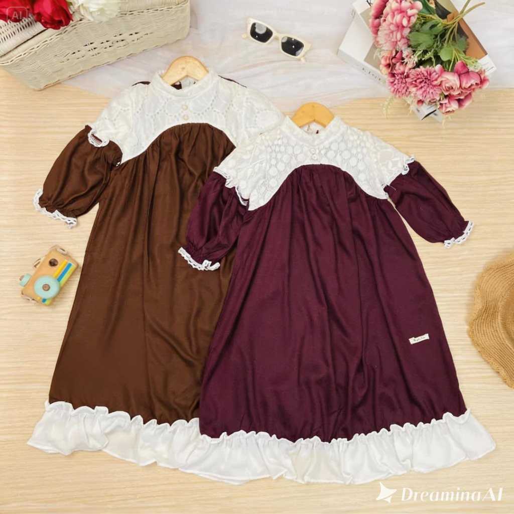 BAJU LEBARAN 5-10 TH GAMIS ANAK QUINZA LONG DRESS ANAK PEREMPUAN BROKAT BY MYBEE