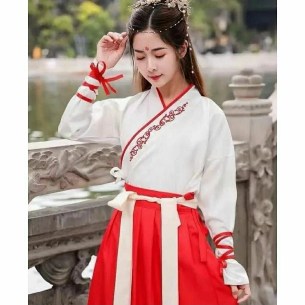 HANFU MODERN TOP WHITE EMBROIDERY ATASAN BLOUSE PUTIH BORDIR ROK LILIT MERAH CHINESE STYLE ORIGINAL 