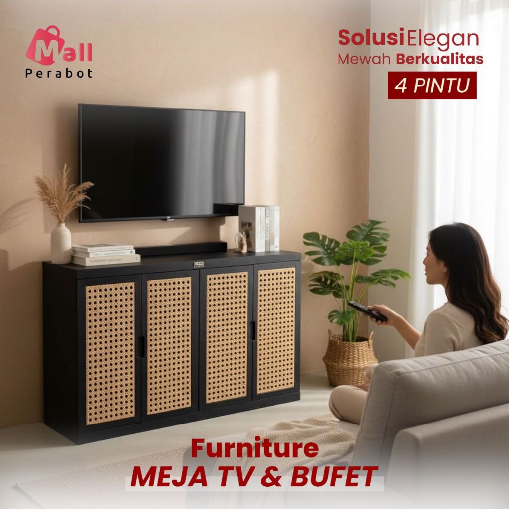 Mall Perabot | Bufet Meja TV Minimalis Jati Rotan Estetik 4 Pintu Lemari Penyimpanan Ruang Tamu Plas