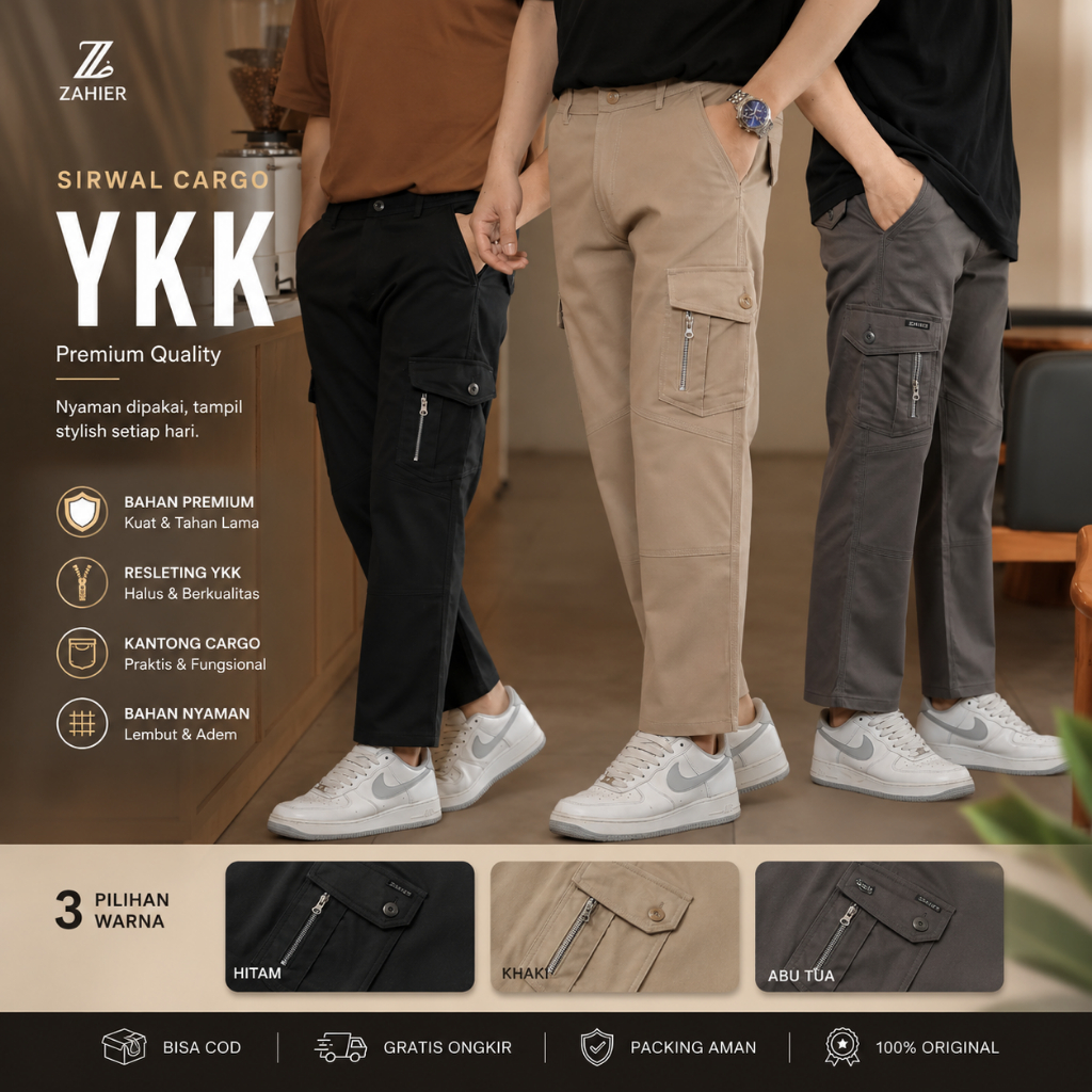 ZAHIER Celana Sirwal cargo Pria Zipper YKK Twill Import Modern Premium