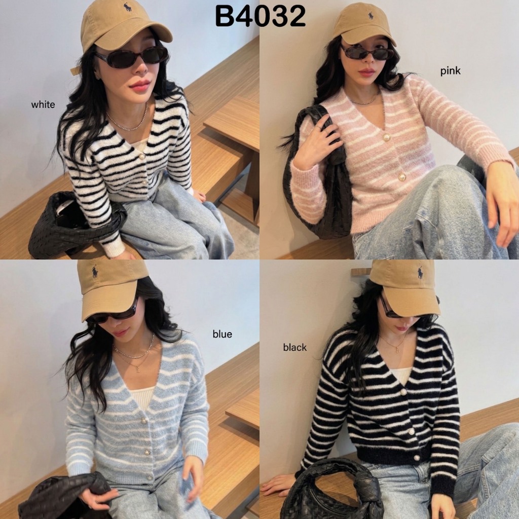 B4032 Friday Furry Stripe Loose Cardigan / Outer Korea Wanita Bulu Motif Garis