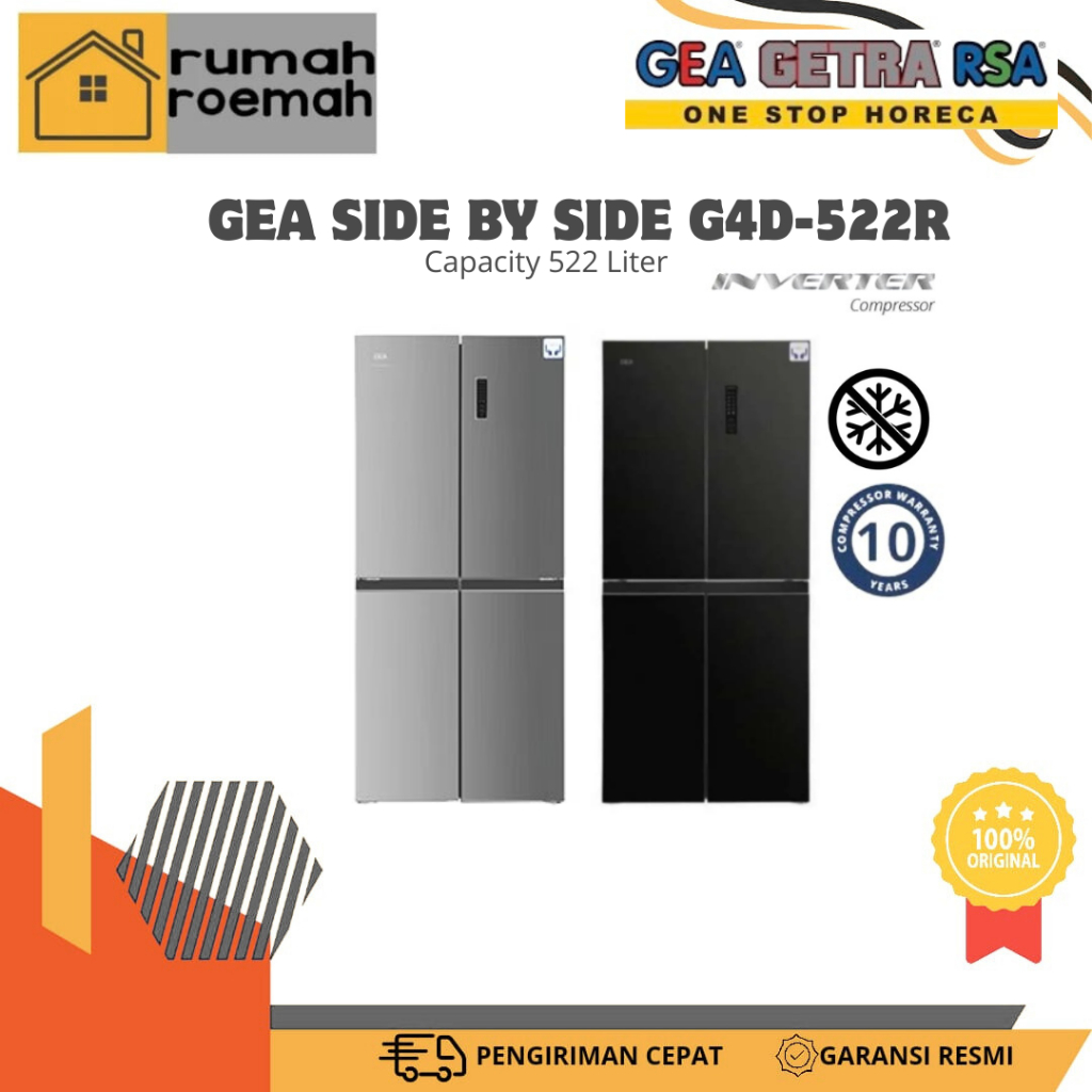 GEA KULKAS 4 PINTU SIDE BY SIDE G4D 522 INOX/BLACK GLAS NO FROST/GEA KULKAS 4 PINTU KAPASITAS 522 LI